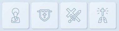 Set line Jesus Christ, Crusade, Flag with christian cross and Hands in praying position. White square button. Vector.