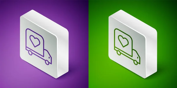 Isometric Line Delivery Truck Heart Icon Isolated Purple Green Background — Image vectorielle