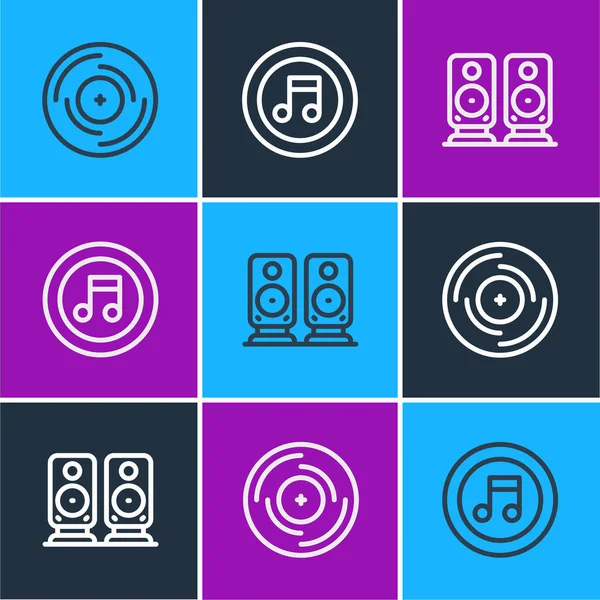 Set Line Vinyl Disk Stereo Speaker Music Note Tone Icon — Stockový vektor