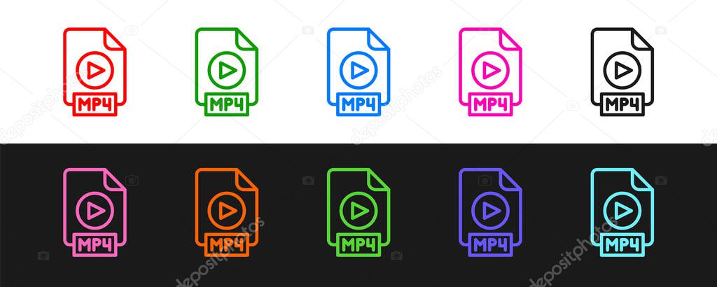 Set line MP4 file document. Download mp4 button icon isolated on black and white background. MP4 file symbol. Vector.