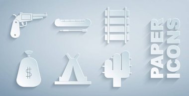 Kızılderili çadırı veya çadır, tren yolu, tren yolu, para çantası, kaktüs, kano, kürek ve Revolver silah ikonu hazırlayın. Vektör