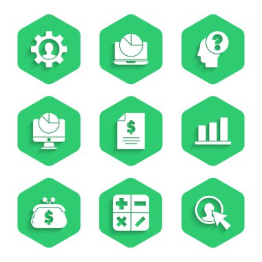 Kontrat parası, hesap makinesi, takım elbiseli adam kullanıcısı, pasta grafiği bilgisi, dolarlı cüzdan, bilgisayar monitörü, insan kafası soru işareti ve simgenin içindeki teçhizat. Vektör