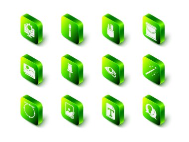 Boya fırçasını, çapraz cetvel ve kalemi, kovayı, sihirli değneği, fikir kavramına sahip ampulü, kırmızı göz efektini, metin dosya belgesini ve grafik tablet simgesini ayarla. Vektör