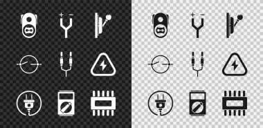 Elektrik prizi, kablo, panel, prize, Multimetre, işlemciyi işlemci işlemcisi, şema ve ses kriko simgesiyle ayarla. Vektör