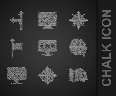 Set Map pointer with star, World globe compass, Folded map push pin, Globe flying plane, Infographic of city navigation, Location marker, Wind rose and Road traffic sign icon. Vector vector