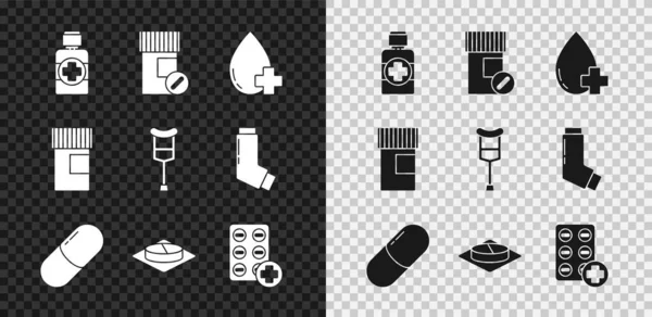Set Bottle of medicine syrup, Medicine bottle and pills, Donate drop blood with cross, or tablet, Pills blister pack, and Crutch crutches icon. Vector — Stock Vector