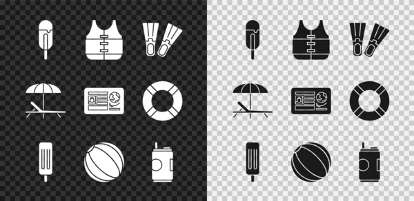 Set glass, flytväst, gummiblädderblock, strandboll, läskburk, solarium och paraply och pass med visumstämpel ikon. Vektor — Stock vektor