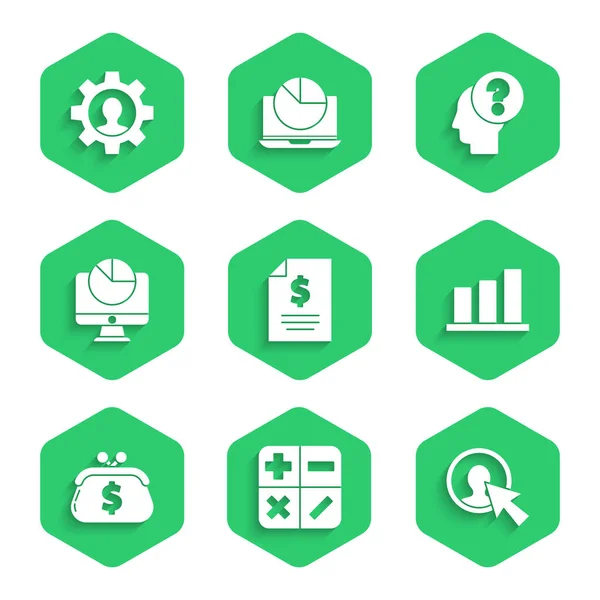 Ustaw pieniądze Kontrakt, Kalkulator, Użytkownik człowieka w garniturze biznesowym, Pie chart infografiki, Portfel z dolarem, Monitor komputerowy, Znak zapytania głowy człowieka i narzędzi wewnątrz ikony. Wektor — Wektor stockowy