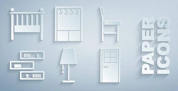 Masa lambası, sandalye, kitaplı raf, kapalı kapı, gardırop ve bebek beşiği yatak ikonu. Vektör — Stok Vektör