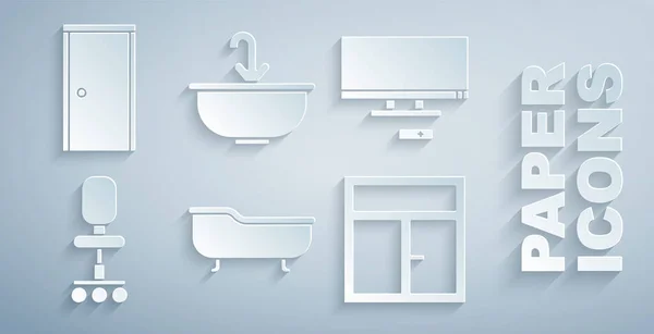 Set Badewanne, Smart-TV, Bürostuhl, Fenster im Zimmer, Waschbecken mit Wasserhahn und Symbol der geschlossenen Tür. Vektor — Stockvektor