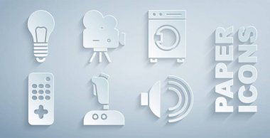 Oyun makinesi, çamaşır makinesi, uzaktan kumanda, hoparlör sesi, Retro sinema kamerası ve fikir ikonuna sahip ampul ayarlayın. Vektör