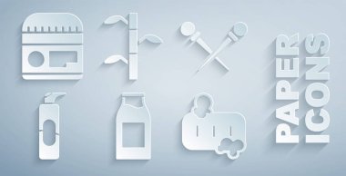 Süt şişesi, örgü iğneleri, saç spreyi spreyi, sabun köpüğü, bambu sapı yaprakları ve krem losyon kozmetik tüp ikonu. Vektör