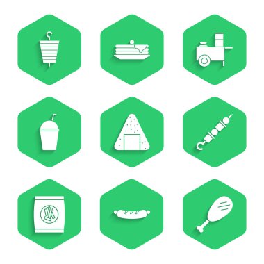 Onigiri, Hotdog sandviçi, tavuk budu, ızgara şiş kebap, sert ekmek, kraker, milkshake, Fast street food seti ve ikon. Vektör