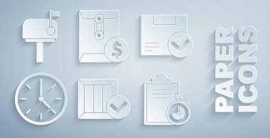 Tahta kutuyu işaretli, paket, saat, teslimat listesi panosunun onayı, Zarf dolar sembolü ve posta simgesi ile ayarla. Vektör