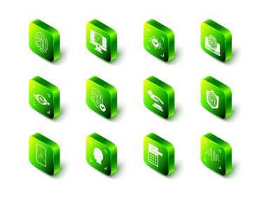 Yüz tanıma, ses, parmak izi olan dizüstü bilgisayar, parmak izi kalkanı, avuç içi, dijital kapı kilidi ve simgesi. Vektör