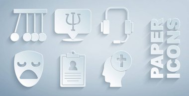 Medikal pano, psikolog, tiyatro maskesi, cenaze kederi, psikoloji, Psi ve sarkacın simgesi. Vektör