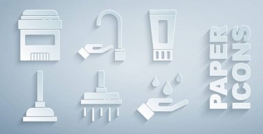 Duş başlığı, diş macunu tüpü, lastik pompa, sabunla el yıkama ve terleme önleyici deodorant rulo ikonu. Vektör