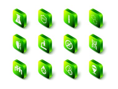 Shield 'ı biyolojik sağlıklı yiyecekler, Pipette, kimyasal formül, DNA sembolü, GDO, Stop, genetik olarak modifiye edilmiş et ve ikon için ayarla. Vektör