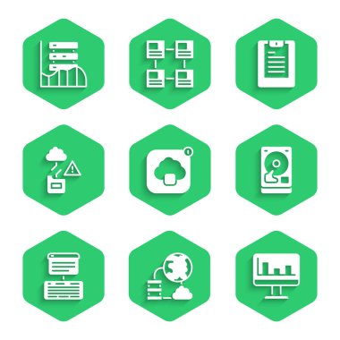 Bulut teknoloji veri transferini, Ağ bulut bağlantısını, grafik grafikli monitörü, sabit disk sürücüsü HDD, Sunucu, Data, Web sunucu, rapor ve simge ile ayarla. Vektör