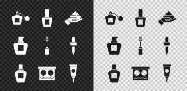 Parfüm, tırnak cilası şişesi, krem veya losyon kozmetik tüpü, göz farı paleti ve Mascara fırça ikonu. Vektör