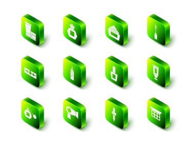 Parfüm, krem veya losyon kozmetik tüpü, Mascara fırçası, aynalı makyaj tozu, tırnak cilası şişesi, Pipette ve saç kurutma makinesi ikonu. Vektör