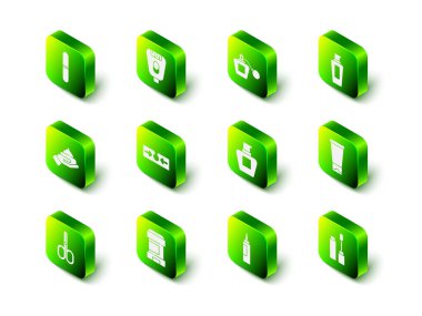 Epilatör, parfüm, bir şişe şampuan, krem losyon kozmetik tüpü, Mascara fırçası ve terletici deodorant rulo ikonu. Vektör