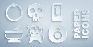 Sihirli top, Tarot kartları, havan topu ve tokmak, Mars, Kafatası ve Ouroboros ikonu. Vektör