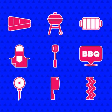 Barbekü spatulası, et helikopteri, pastırma şeridi, mutfak termometresi, apron, ızgara ve biftek et ikonu hazırlayın. Vektör