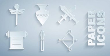 Ortaçağ mızrağı, çapraz ortaçağ kılıcı, ferman, parşömen, parşömen, okla yay, Antik amfora ve Caduceus yılan tıbbi ikonu. Vektör