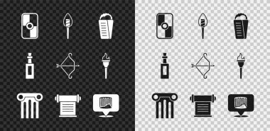 Yunan kalkanı, meşale alevi, Gyros Pita, Eski sütun, ferman, parşömen, parşömen, bir şişe zeytinyağı ve ok ikonlu ortaçağ yayı. Vektör