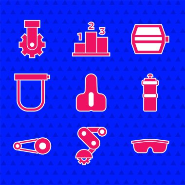 Bisiklet koltuğu, bisiklet arka koltuğu, spor bisiklet gözlüğü, su dolu şişe, zincir vites, kilit, pedal ve ikon. Vektör