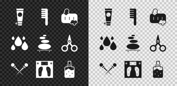 Set Cream or lotion cosmetic tube, Hairbrush, Bar of soap with foam, Knitting needles, Bathroom scales, Spa salt, Water drop and Stack hot stones icon. Vector — Stock Vector