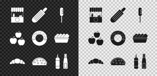 Set Street stall with awning, French hot dog, Fried sausage, Croissant, Taco tortilla, Sauce bottle, Apple and Donut icon. Vector — Stock Vector