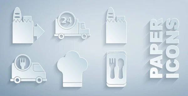 Şef şapkası, alışveriş torbası ve yiyecek, arabayla hızlı teslimat, online sipariş ve ikon. Vektör — Stok Vektör