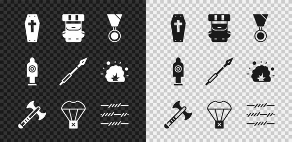 Set Coffin met kruis, Wandelrugzak, Militaire beloning medaille, Oorlogsbijl, Doos vliegen op parachute, prikkeldraad, Menselijke doelsport voor schieten en middeleeuwse speer pictogram. Vector — Stockvector