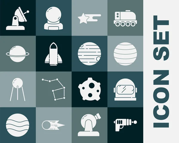 Set Ray gun, Astronaut helmet, Planet Venus, Falling star, Rocket ship, Saturn, Satellite dish and icon. Vector — Vector de stock