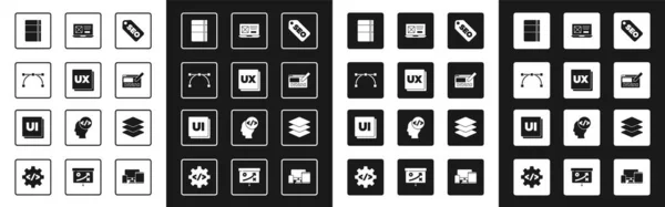 Setzen Sie SEO-Optimierung, UI oder UX-Design, Bezier-Kurve, Skizzenbuch-Album, Ebenen und Icon. Vektor — Stockvektor