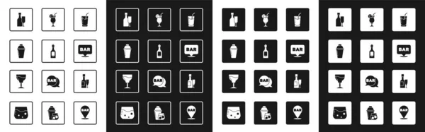 Set Cocktail, Champagne bottle, shaker, Wine with glass, Alcohol bar location, and and icon. Vector — Stock Vector