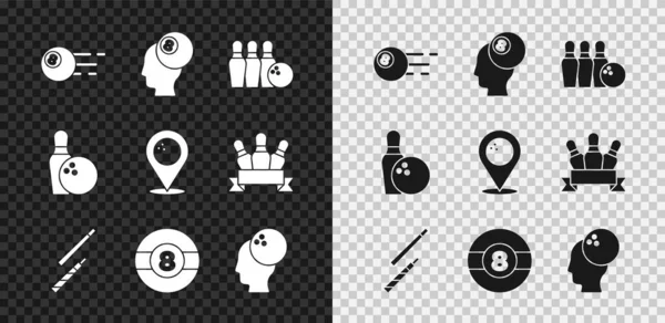 Set Billiard ball, Bowling pin and, cue, and Location with bowling icon. Vector — Stock Vector