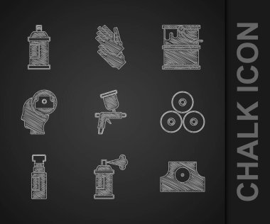 Sprey boya tabancası, sprey başlık, fosforlu kalem, kova ve ikon hazırla. Vektör