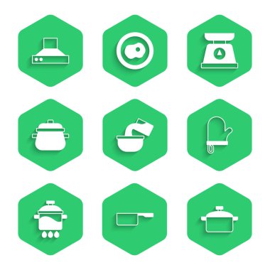 Saucepan, tencere, fırın eldiveni, pullar ve mutfak vantilatörü ikonu. Vektör