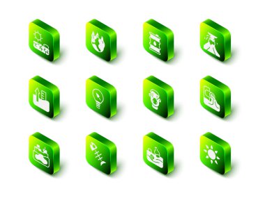 Küresel ısınma ateşi, fıçı yağı, lav, atık su, güneş, koruyucu maske, okyanus kirliliği ve ölü balık ikonu ile yanardağ patlaması ayarlayın. Vektör