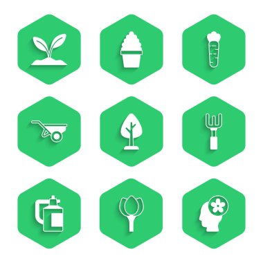 Forest, Flower lale, içinde çiçek olan insan kafası, bahçe tırmığı, gübre spreyi, el arabası toprağı, havuç ve filizlenme ikonu. Vektör