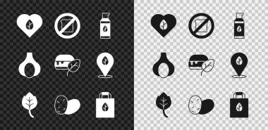 Vegan besin diyeti, glütensiz tahıl, organik kozmetik, yaprak ya da yaprak, patates, geri dönüşümlü alışveriş torbası, sarımsak ve ikon. Vektör