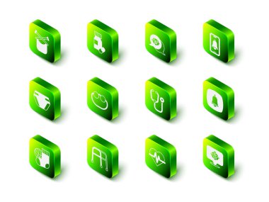 İlaç şişesi ve haplar, büyükbaba, acil durum telefonu, büyükanne, stetoskop, kalp atış hızı ve Walker ikonu. Vektör