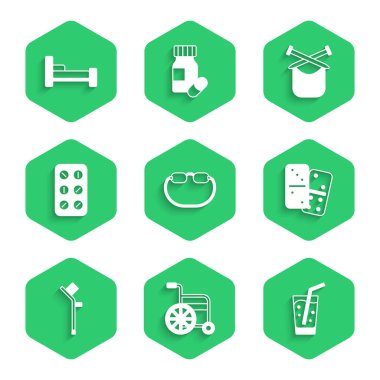 Gözlük, tekerlekli sandalye, su bardağı, Domino, koltuk değneği, koltuk değneği, hap, örgü ve yatak ikonu. Vektör