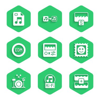 Bateri makinesi, müzik notası, ton, dalga dengeleyici, LSD asit işareti, Davullar, EDM elektronik dans müziği ve MP3 dosya simgesi ayarla. Vektör