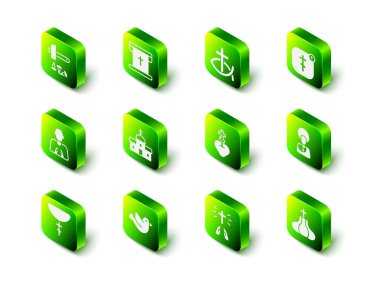 Hristiyan haçı, Hıristiyan balığı, vaaz veren kilise papazı, İsa, kilise kulesi, dini kalp, dua eden eller ve güvercin ikonu. Vektör