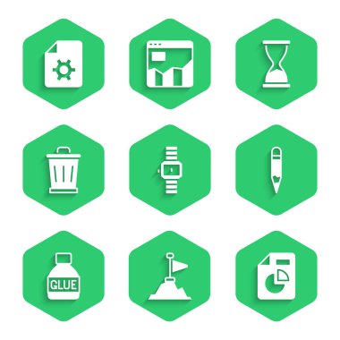 Bilek saatini, üstünde bayrak olan dağları, grafik grafiğini, kalemi, yapıştırıcıyı, çöp tenekesini, eski kum saatini ve ayarlarını ayarla. Vektör