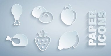 Çilek, erik meyvesi, kızarmış hindi ya da tavuk, limon, ekmek ve tavuk budu ikonu. Vektör